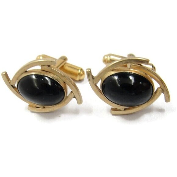Vintage Cufflinks 1/20 12K Gold Filled Black Onyx Swept Design Signed Janice - Picture 9 of 10